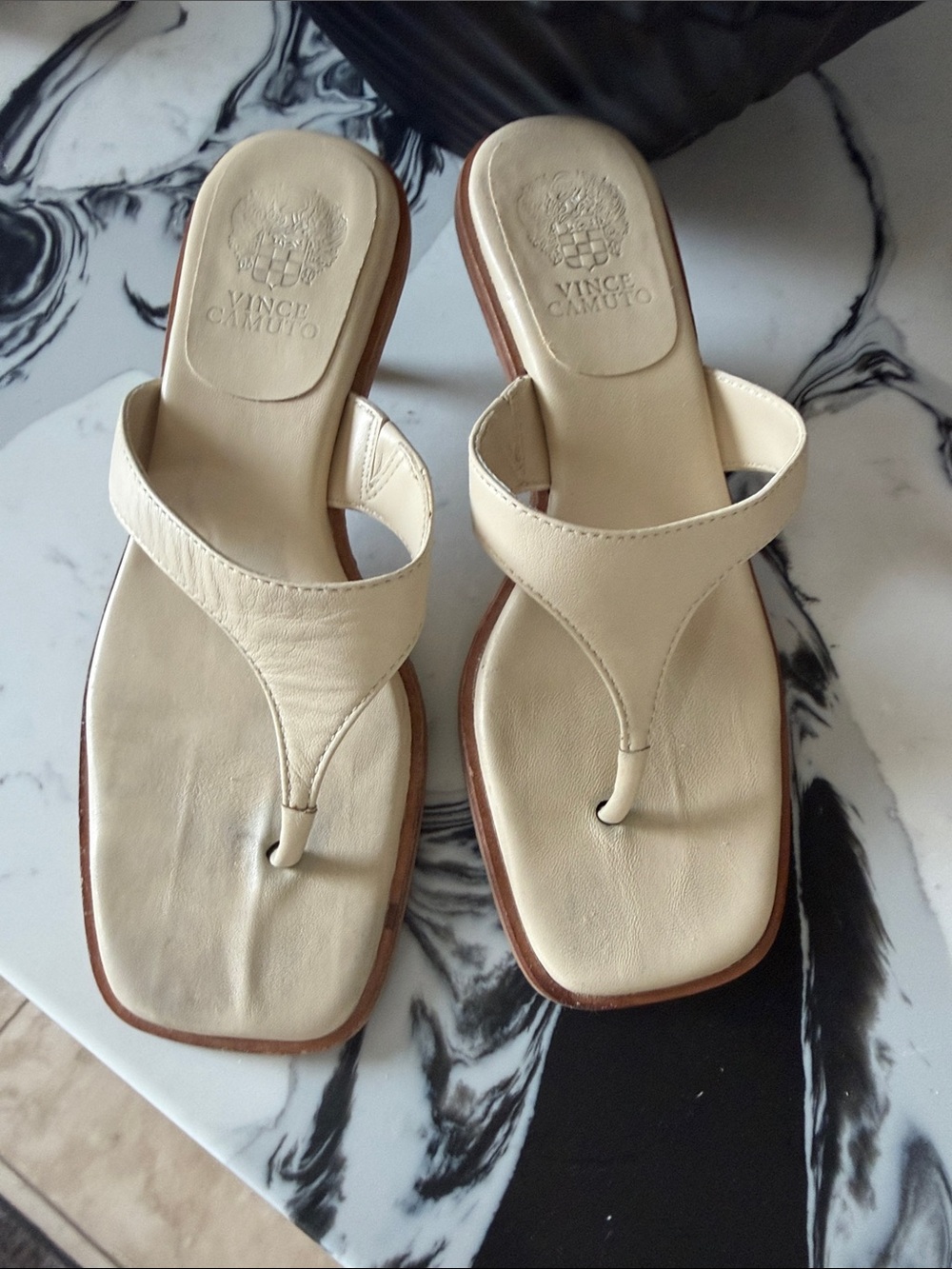 Vince Camuto Cream Leather Thong Sandals with Square Toe